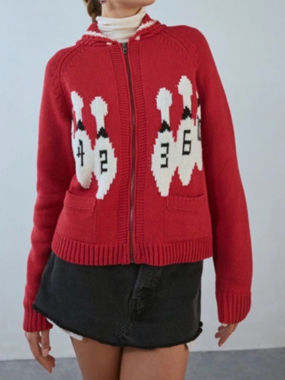 BDG Scottie Graphic Red Knit Zip Up Bowling Cotton Blend Cardigan Size Large